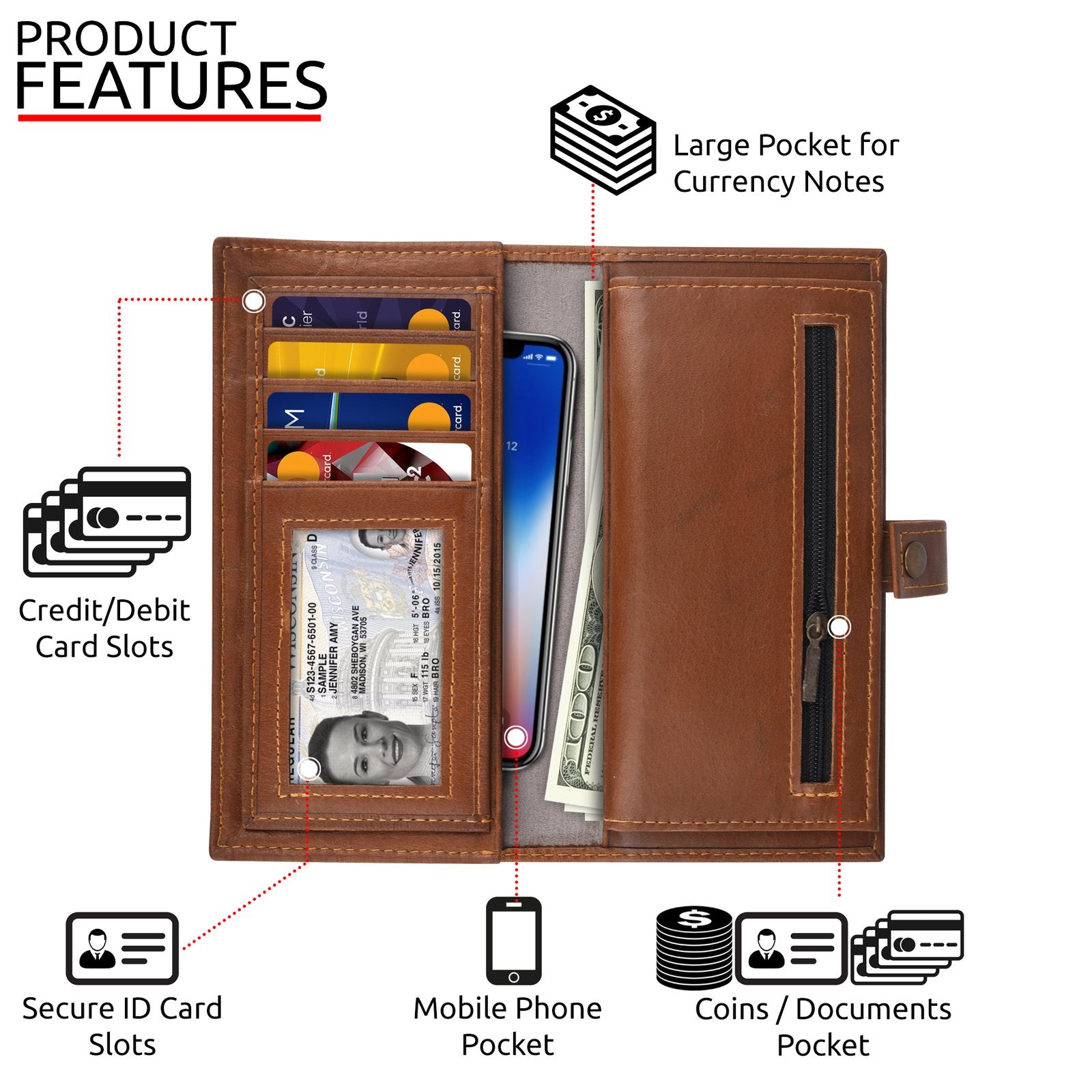 Long Leather Wallet | Mobile Phone Pocket | Brown