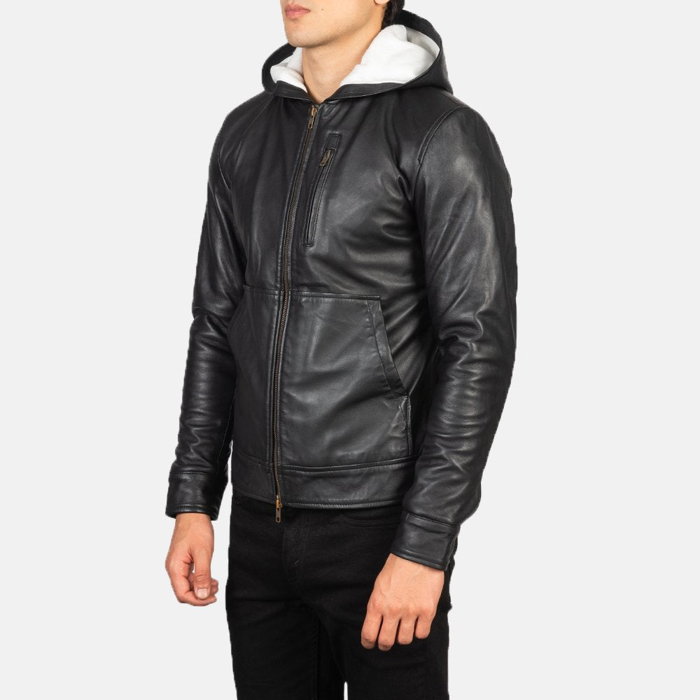 Plain Black | Hooded Leather Jacket | Men