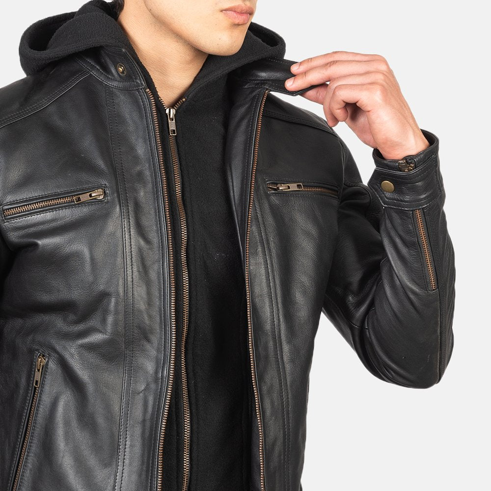 HeroPro Black | Hooded Leather Biker Jacket | Men