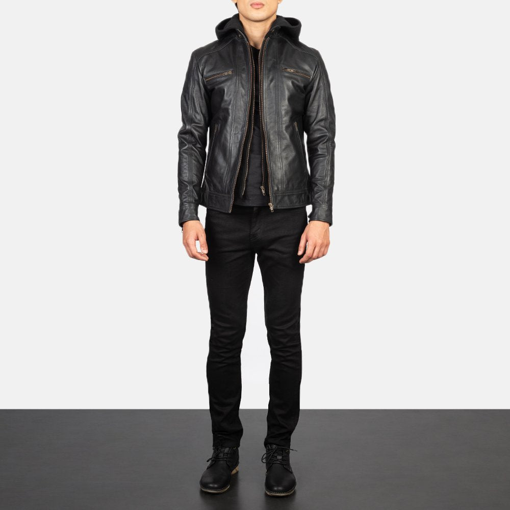 HeroPro Black | Hooded Leather Biker Jacket | Men