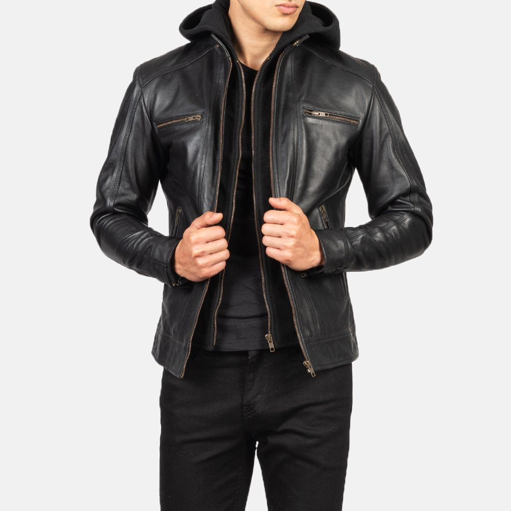 HeroPro Black | Hooded Leather Biker Jacket | Men
