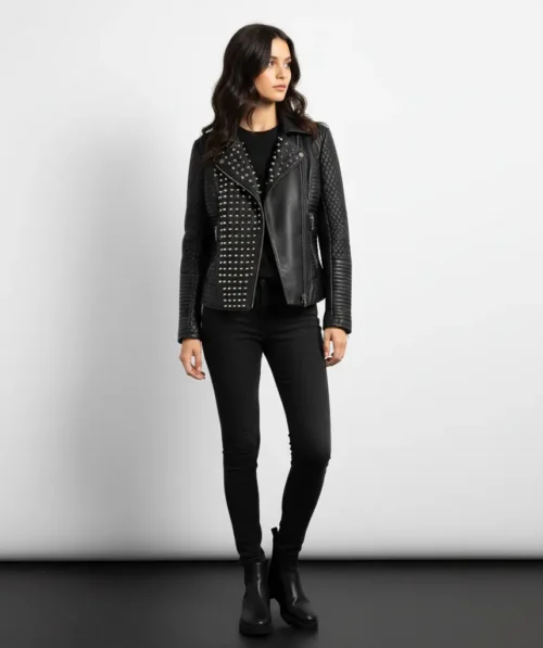 Black Studded Cowhide Biker Jacket for Women