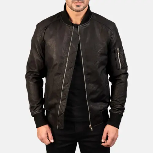 Distressed Black Leather Bomber Jackets
