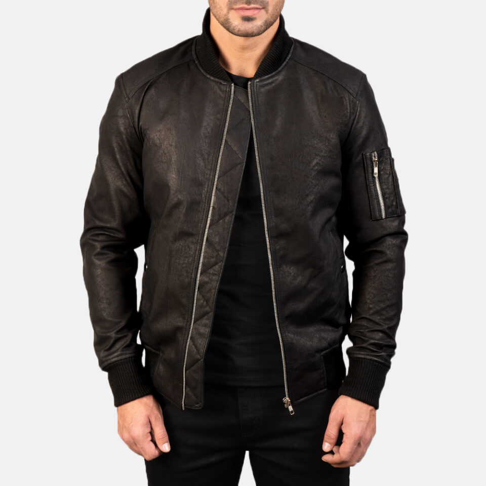 Distressed Black Leather Bomber Jackets