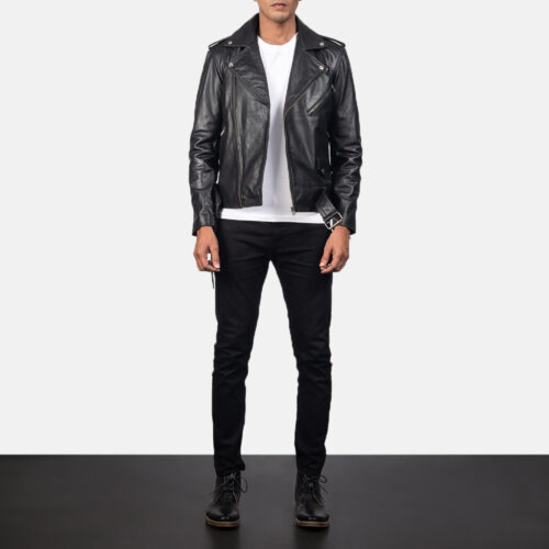 A front view of a black leather jacket for men