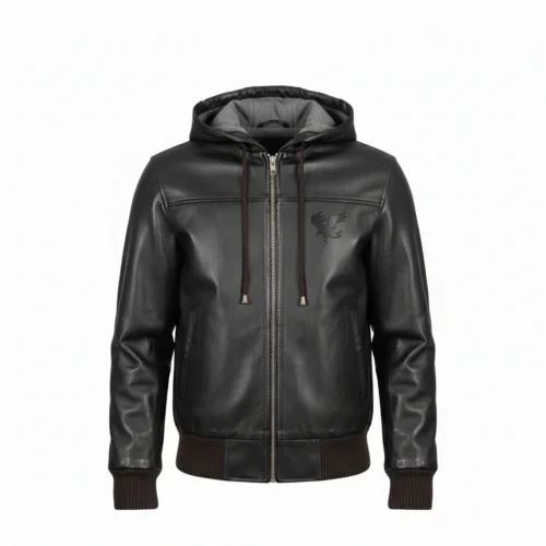 Men's Premium Cowhide Leather Hooded Jacket | Black